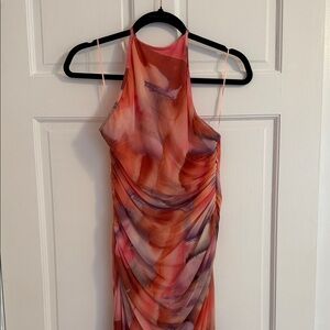 Zara Halter Ruched Maxi Dress in Coral Watercolor Size L